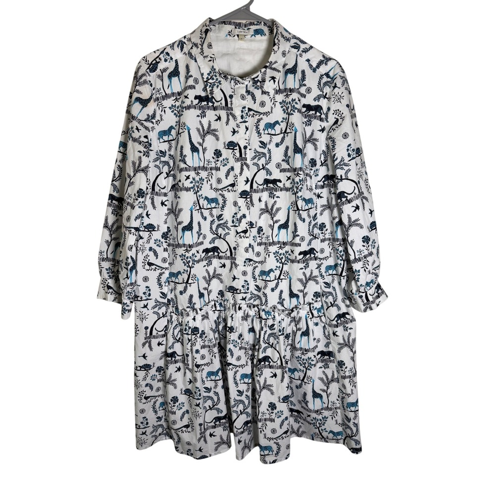 Tyler Boe Safari Animal Toile Shirtdress White Blue Cotton Size L 100% Cotton